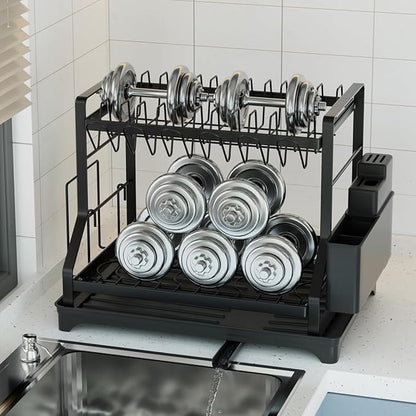2-Tier Kitchen Dish Drying Rack with Drainboard, Black, Large Capacity Dish Rack with Cup Holder, Knife Block, Cutting Board Rack, 42x32.5x34cm