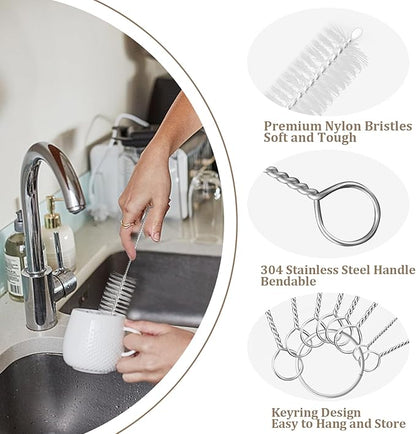 Yolaist 8 Pcs Bottle and Straw Cleaner, Long Deep Nylon Brush with Bendable Stainless Steel Flexible Handles for Bottles, Straws, Pipes, Wine Decanter, Sinks and Cup Cover