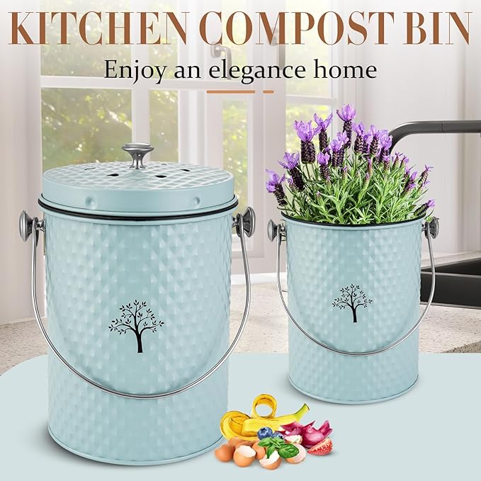 AOSION Countertop Compost Bin Kitchen,Odor Resistant Indoor Compost Bin with Lid and 50 Compost Bags,Compost Bucket Composter Container for Food Waste,Blue,1.0 Gallon