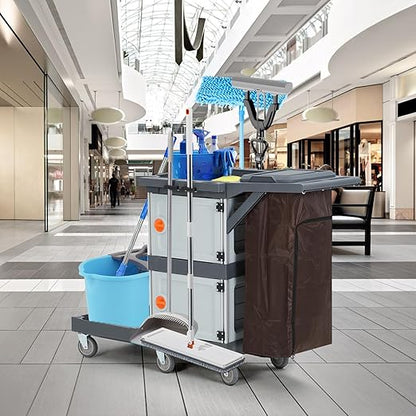 Commercial Janitorial Cart with 2 Cabinet - Black Housekeeping Caddy with Cover, Shelves, and Vinyl Bag