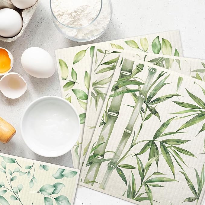 Swedish Dishcloths for Kitchen | 6 Pack Floral Reusable Paper Towels Washable | Swedish Dish Towels | Non-Scratch Cellulose Sponge Cloths | No Odor, Biodegradable Cleaning Cloths, Green Leaves