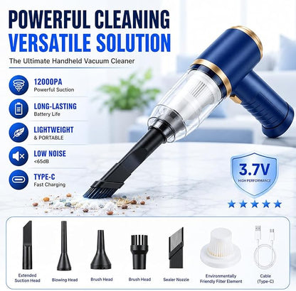 Car Vacuum Cleaner Cordless, 120W high Power Portable Mini Vacuum with 12000Pa Hand Held Vacuum Strong Suction, Electric Compressed Air Duster Blower for Car, Desk, Keyboard, Home