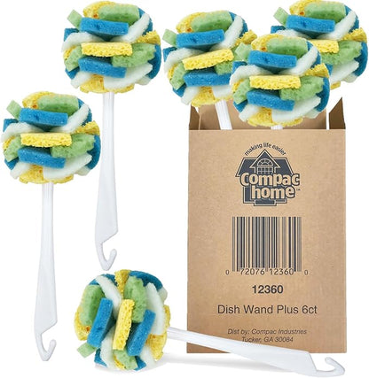 Compac Home Dish SpongeWand Plus Tri Surface Scrubbing Sponge with Cello Foam Scour Sponge Petals, Cleans Dishes, Glassware 360 Scrubber Pads for Tough to Clean Pots Pans, Multi-Color, (Pack of 6)