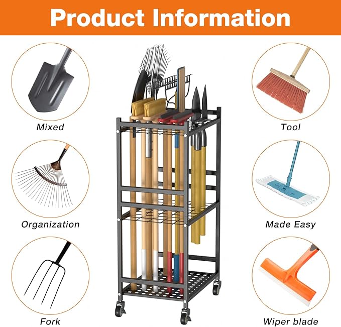Heavy Duty Garden Tool Rack with Wheels Freestanding Organizer Holds Up to 40 Long Tools – Rakes, Shovels, Brooms, Metal Yard Tool for Garage, Shed & Outdoor Storage, Black