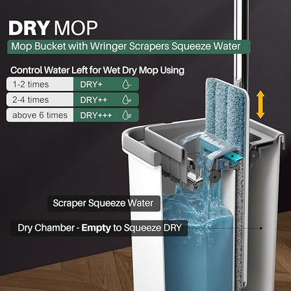 JOYMOOP Mop and Bucket Set with Freesia Scent Floor Cleaner Pods, Commercial and Household Flat Mop System with 3 Reusable Microfiber Pads and 15 Mop Soap Pods for Efficient Floor Cleaning