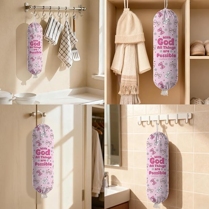 Pink Bow Plastic Bag Holder, Wall Mount Organizer for Reusable Canvas Grocery Bags, Decorative Home Kitchen Pantry Decor Hanging Bag Dispenser, Christian Shopping Bags Storage Dispenser