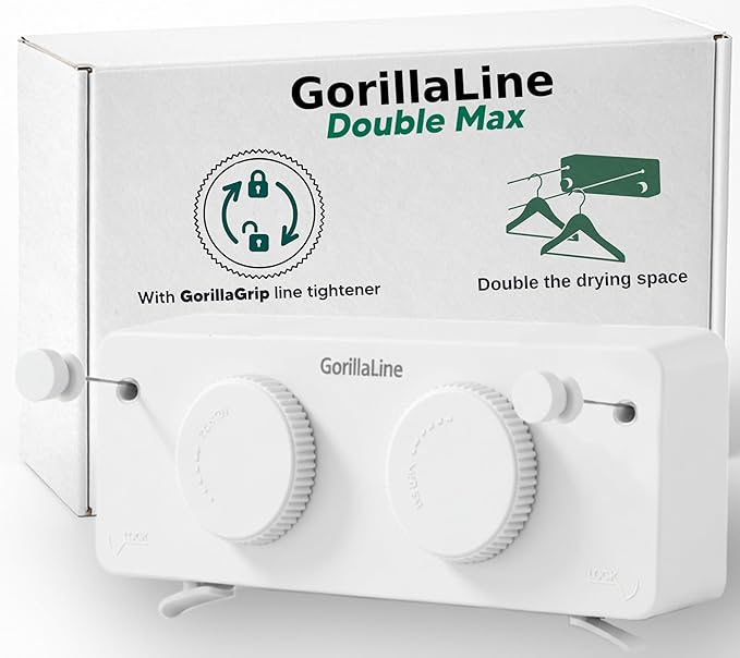 GorillaLine Max - Retractable Clothesline Indoor Outdoor Clothes Line - Heavy Duty Clothes Drying Laundry Line - Wall Mounted Drying Rack - Air Dry Clothing - Max Tighten with GorillaGrip