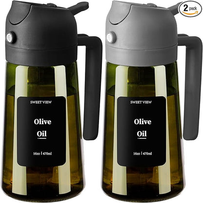 SWEET VIEW 2PCS Olive Oil Dispenser and Oil Sprayer – 16oz/470ml Glass Light-Proof Oil Pourer for Kitchen Air Fryer, Cooking, Salad, and BBQ, with Stickers