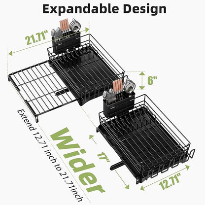 Ekisemio Expandable Dish Drying Rack for Kitchen Counter, Large Capacity Dish Drainer with Utensil Holder & Drip Tray, Space Saving Organizer (12.7"-21.7" x 17"), Black