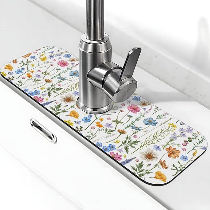 Spring Flower Colorful Leaves 15" X 5.5" Kitchen Sink Splash Guard Faucet Faucet Guard Draining Mat Sink Splash Guard Faucet Kitchen Bathroom