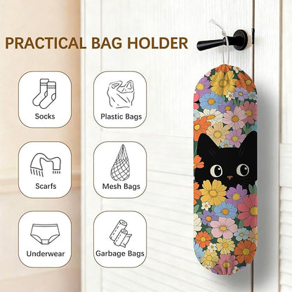 Floral Cat Plastic Bag Holder Dispenser, Plastic Grocery Bag Organizer & Wall Mount Paper Trash Bags Saver Storage for Kitchen Home Pantry Decor, Cat Kitchen Decor Shopping Bags Storage Dispenser