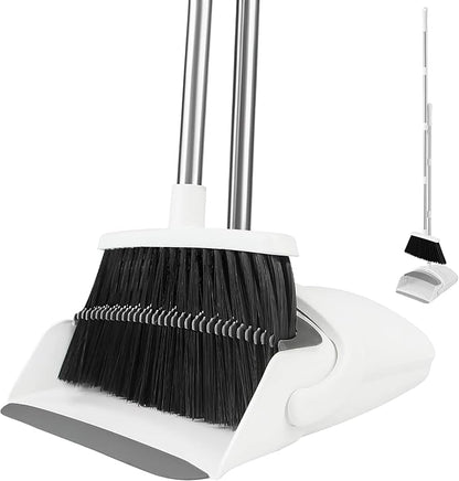 Broom with Dustpan Combo Set, 52-in Adjustable Handles Broom and Dustpan Set with Combo Teeth Easy to Scrape Off Pet Hair, Indoor&Outdoor Sweeping (White)