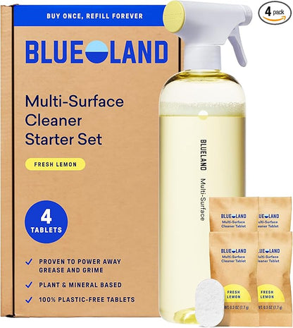 BLUELAND Multi-surface Cleaner, Starter Set, Fresh Lemon Scent, Spray Bottle with 4 Refill Tablets, All-Purpose, Eco-Friendly Cleaning Supplies, 4 x 24 Fl oz