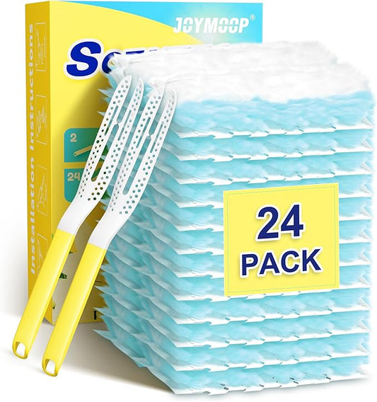 JOYMOOP Disposable Duster for Cleaning, with 2 Handles & 24 Ct Blue Heavy Duty Refills for Swiffer Feather Duster, Household Cleaning Tool for Electronics, Dusting Furniture, Blinds, Pet Hair