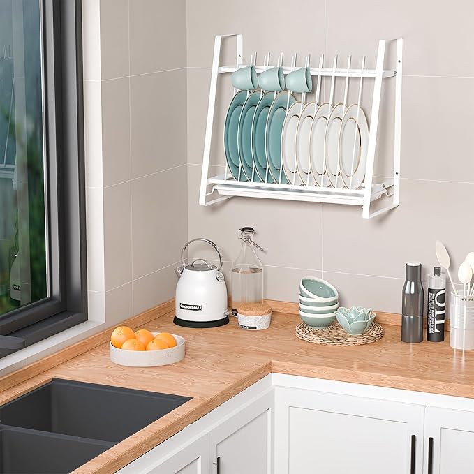 Dish Drying Rack with Drainboard, 11 Slots Upright 2-Tier Plate Organizer, Countertop/Wall-Mounted Kitchen Dish Holder