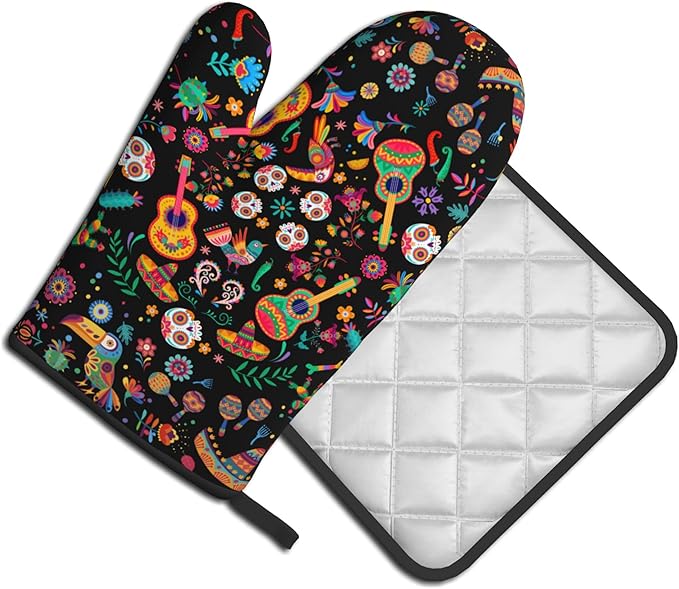 Mexican Oven Mitt Potholders Sets - Mexico Kitchen Mitts and Pot Holders Set of 2 Floral Skull Oven Gloves Hot Pads for Cooking Baking Grilling