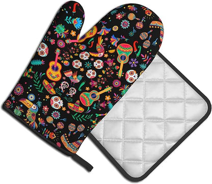 Mexican Oven Mitt Potholders Sets - Mexico Kitchen Mitts and Pot Holders Set of 2 Floral Skull Oven Gloves Hot Pads for Cooking Baking Grilling