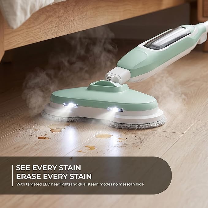 Steam Mop, All-in-One Steam and Scrub Hard Floor Cleaner with LED Headlights, 450ml Tank, 4 Soft Pads, Dual Power, Swivel Steering for Hardwood, Tile and Laminate