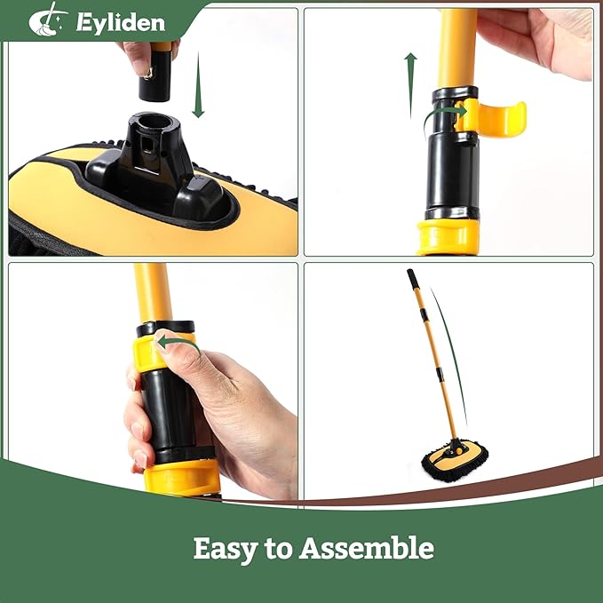 Eyliden Car Wash Brush Mop with Long Handle, 90° Swivel Head with 45° Angle Lock, 2 Scratch-Free Microfiber Heads, Car Detailing Kit for Car Truck RV, Yellow & Black