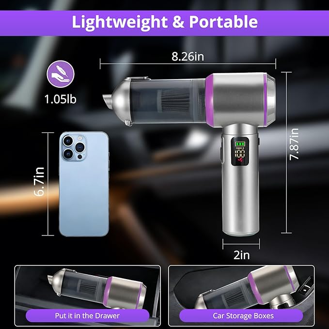 Cordless Handheld Vacuum with 17000Pa Suction, Portable Car Vacuum Cleaner for Pet Hair, Home & Desk, 3-Speed, LED Light, 4-in-1 Nozzles, Type-C Charging