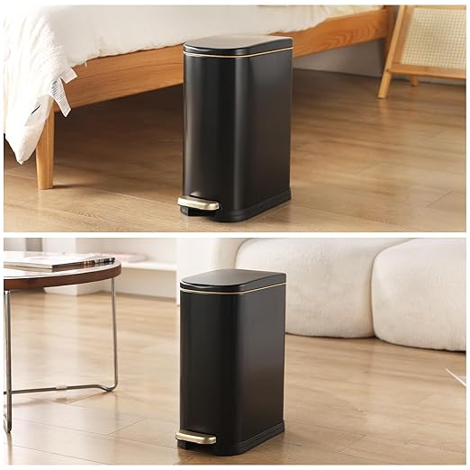 SYNCVIBE Bathroom Trash Can with Soft-Close Lid 3.5 Gallon Stainless Steel Garbage Can with Removable Inner Bucket Slim Trash Bins for Bedroom Office (Matte Black)