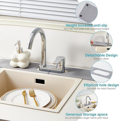 Stone Faucet Mat for Kitchen Sink with Oval Hole – 23.6" × 3.9" Diatomite Drying Stone Mat & Sink Protector, Quick-Dry Splash Guard Water-Absorbing Tray for Bathroom Counter（Gray.23.6" x 3.9"