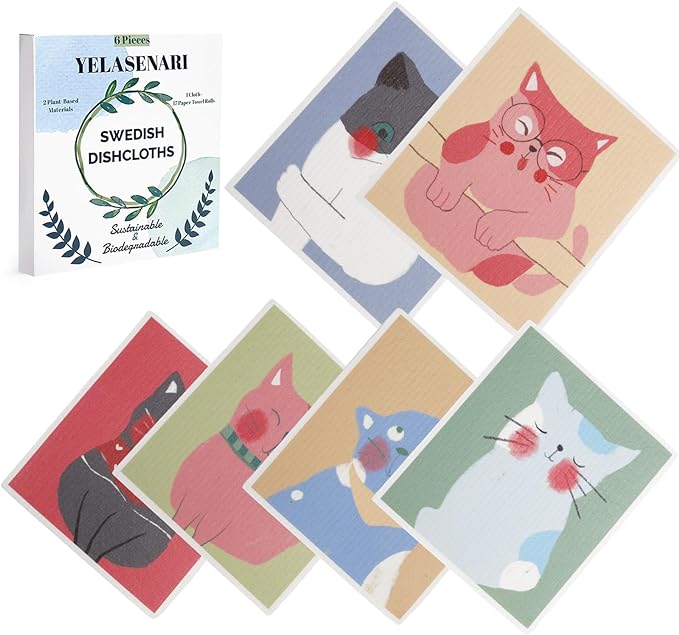 Swedish Dishcloths for Kitchen Reusable 6 Pack Kitchen Towels No Odor Quick-Drying Reusable Paper Towels Reusable Paper Towels Washable for Countertop, Sink, and Kitchen cat