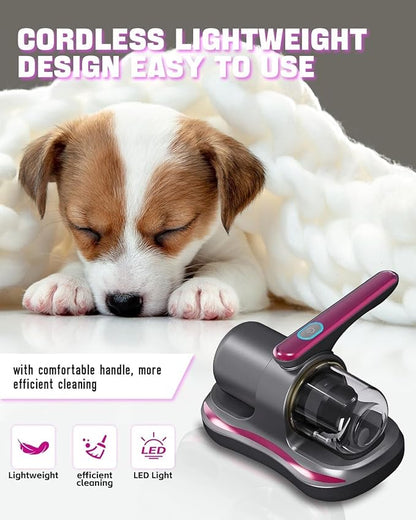 Cordless Mattress Vacuum Cleaner with UV Light Handheld Bed Vacuum with Ultrasonic & Heating Tech, 2 HEPA Filters, Strong Suction for Mattress, Sofa, Carpets, Pet Hair (Red)