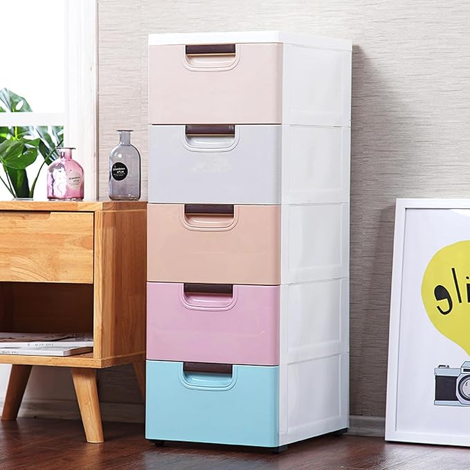 5 Drawer Stackable Storage Tower,Plastic Drawers Dresser,Narrow Rolling Storage Cabinet for Livingroom,Colored