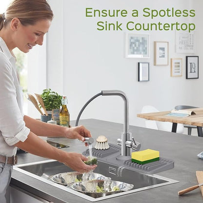 15 Inch Silicone Faucet Mat for Kitchen Sink Splash Guard – 2025 Upgraded Draining Mat with Water Tray Behind Faucet – Countertop Protectors to Catch Spills (Gray, 14.6" x 5.5")