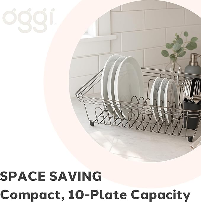 Oggi Compact Dish Drying Rack - Black Steel Drainer, Racks for Kitchen Counter, Durable Coated Steel Kitchen Dryer with Cutlery Holder