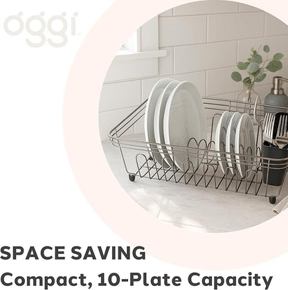 Oggi Compact Dish Drying Rack - Black Steel Drainer, Racks for Kitchen Counter, Durable Coated Steel Kitchen Dryer with Cutlery Holder