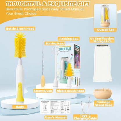 IvyWind Electric Travel Baby Bottle Brush Set with Storage Box, Automatic Bottle Cleaner Brush Kit with Silicone Bottle/Nipple/Straw Brush,Milk Frother Electric and Drainage Rack, Rechargeable, Yellow
