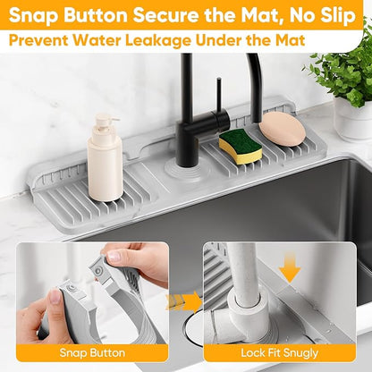 17.7'' Folding Faucet Mat for Kitchen Sink Splash Guard[7° Slope Fast Self-draining][Snap Lock Fit] Kitchen Sink Faucet Mat Splash Guard Kitchen Sink Area Water Splash Guard Behind Faucet Draining Mat