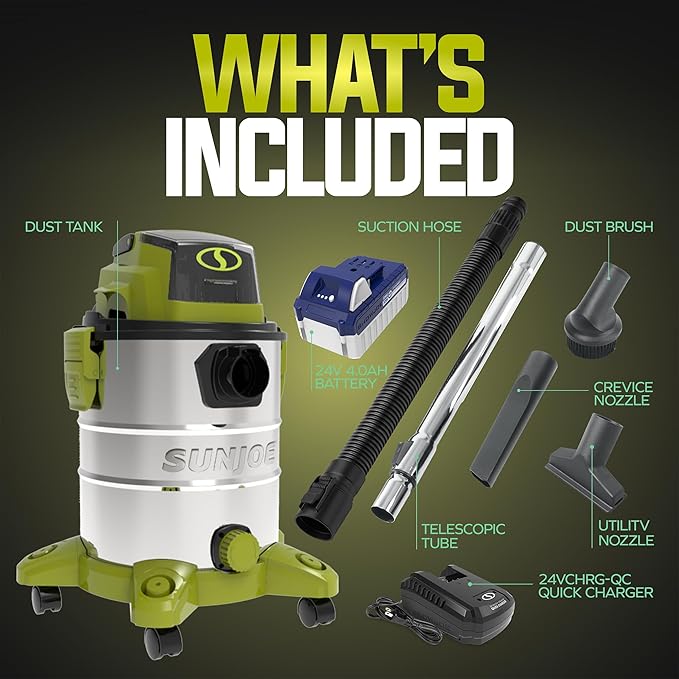 Sun Joe Cordless Vacuum Cleaner, Stainless Steel Wet or Dry Kit with Battery, Charger, Brush, Nozzle & Tubes, 24V, 5.3 Gallon - Vacuuming Machine for Home, Garage and Outdoor Cleaning, 24V-WDV6000