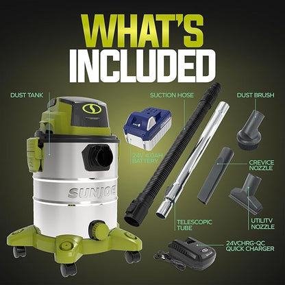 Sun Joe Cordless Vacuum Cleaner, Stainless Steel Wet or Dry Kit with Battery, Charger, Brush, Nozzle & Tubes, 24V, 5.3 Gallon - Vacuuming Machine for Home, Garage and Outdoor Cleaning, 24V-WDV6000
