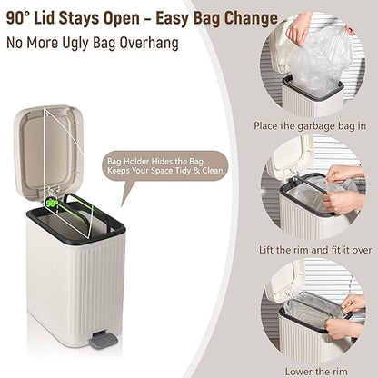 rejomiik Small Bathroom Trash Can with Lid 1.9 Gallon Step Trash Can Slim Garbage Can with Soft-Close Waste Bin for Bathroom, Bedroom, Office, Dorm, RV, Off-White