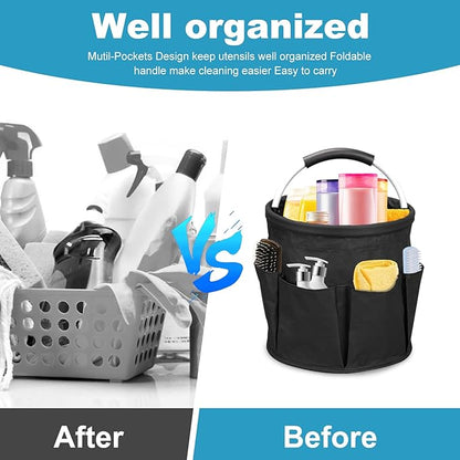 Qivine 17L Cleaning Caddy with Handle, Cleaning Supply Caddy Foldable Tool Bag Cleaning Products Organizers Portable Cleaning Bucket Organiser for Storing Towels (Black)