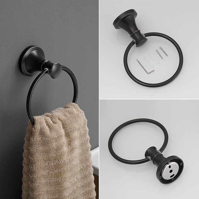 RUMOSE Toilet Paper Holder and Hand Towel Ring Oil Rubbed Bronze Wall Mount Bathroom Hardware Accessories 2 PCS Set Flexible Pivoting Toilet Tissue Roll Holder and Towel Hanger, Stainless Steel