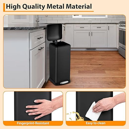 Garvee 8 gal/30 L Kitchen Trash Can, Fingerprint-Proof Stainless Steel Garbage Can with Soft-Close Lid, Recycle Bin with Removable Inner Buckets and Foot Pedal for Office Bedroom Bathroom, Black