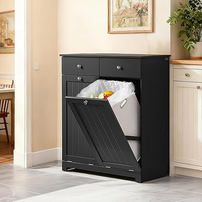 Double Tilt Out Trash Can Cabinet – Hidden Wooden Kitchen Trash Bin Cabinet with 2x10 Gallon Garbage Can, Pet Proof Tilt Out Garbage Holder, Storage Cabinet for Trash in Kitchens, Black, BZR33