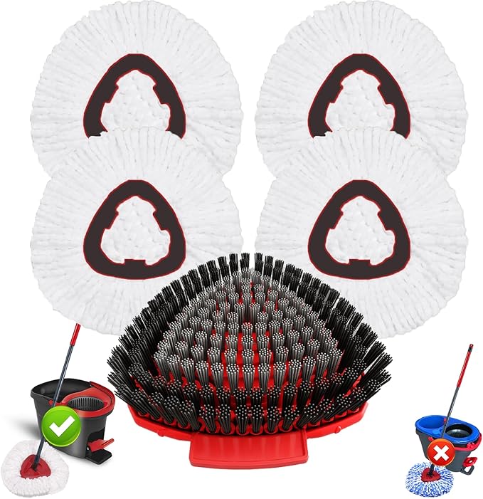 Fatmass 5 Pack Spin Mop Replacement for O Cedar EasyWring 1-Tank System,Include 4 Mop Replace Heads + 1 Upgrade Scrubber Brush, 100% Microfiber Mop Refills Deep Cleaning Machine Washable
