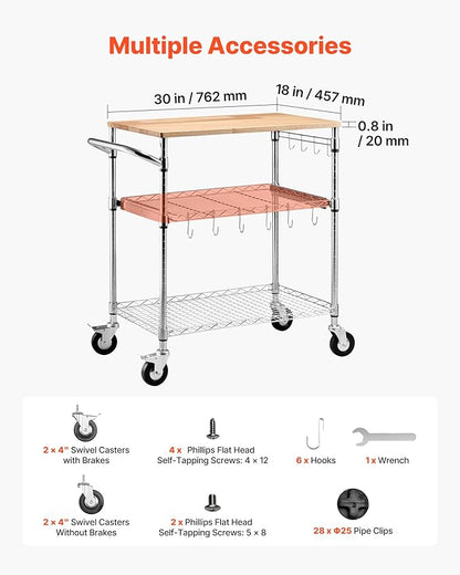 VEVOR Kitchen Utility Cart, 3 Tier Heavy Duty Adjustable Wire Storage Rack with Wood Tabletop and Handle Bar, Rolling Portable Service Trolley on Wheels, 661 lbs Steel Work Table, 30x18x36 in