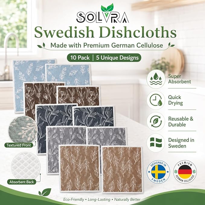 10 PCS Leaf Print Swedish Dishcloths for Kitchen 100% Biodegradable Reusable Cellulose Sponge Cloths Ultra Absorbent, Eco-Friendly Cleaning Towels Dishcloths for Washing Dishes & General Cleaning