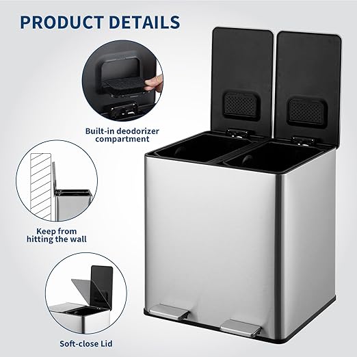 Kitchen Trash Can, 2x4 Gallon Rectangular Kitchen Waste Bin, Dual Separate Compartment Recycle Bin with Removable Plastic Inner Buckets, Soft Step-on with Lid