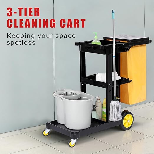 GAOMON Cleaning Cart - 3 Tier Commercial Janitorial Cart with Two 25-Gallon PVC Bags, 500Lbs Capacity Plastic Housekeeping Cart with Cover Lid, 43.3" L x 19.7" W x 38.6" H, Black