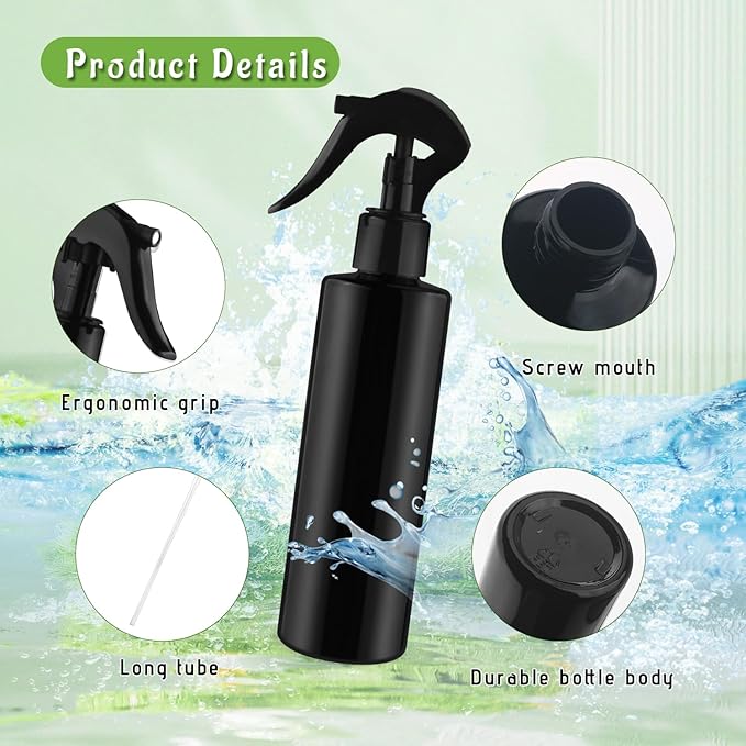 6-Pack 200ml Black PET Plastic Spray Bottles with Black PP Head Empty Fine Mist Liquid Sprayer Multi-Purpose Atomizer Dispenser for Home,Garden and Beauty