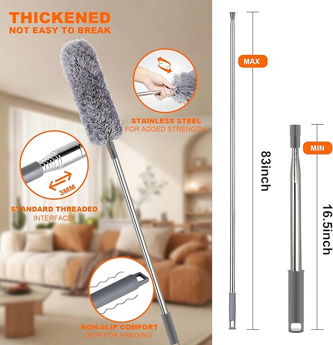 Telescopic Dusters for Cleaning | Duster with 100"Extension Pole | Flexible Cobweb Remover Duster Kit with 2 Washable Heads | Bendable Feather Duster for High Ceilings,Fans & Hard-to-Reach Areas,5PCS