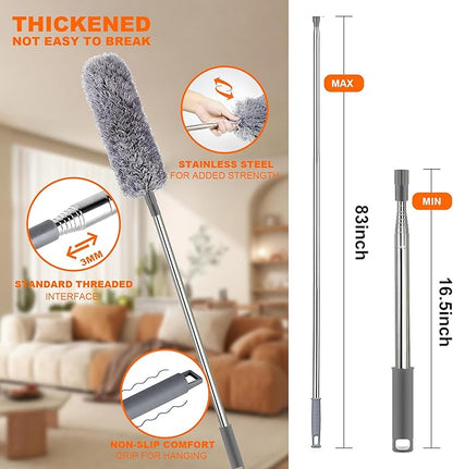 Professional Microfibre Dusters for Cleaning | Duster with Extension 100" | Cobweb Remover Duster Kit with 2 Washable Heads | Bendable Feather Duster for High Ceilings,Fans & Hard-to-Reach Areas,6PCS