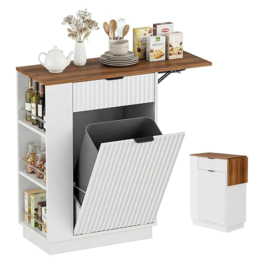 Kitchen Island Tilt-Out Trash Can Cabinet, 10 Gallon Fluted Laundry Hamper Cabinet with Drawers, Multipurpose Kitchen, Bathroom, Living Room Wooden Trash Bin